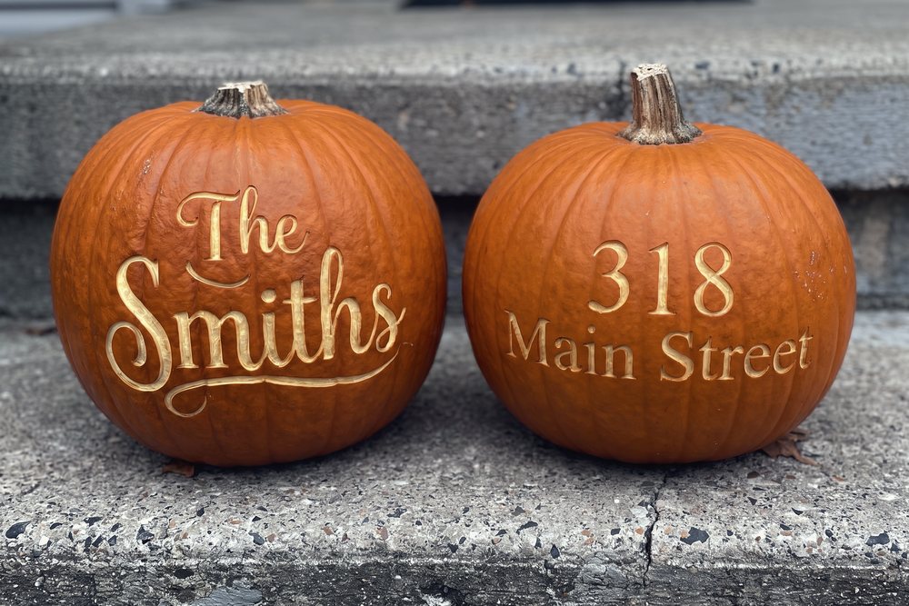 Two engraved pumpkins side by side, one with a family name in script and one with a house number over its street