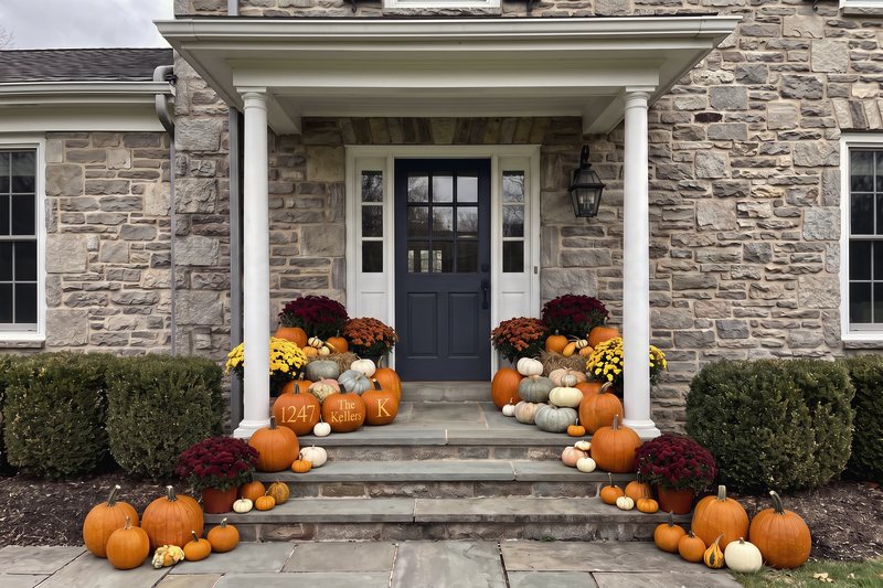 The Estate on a stone colonial with white columns, banked the full width of the steps and down the walk with mums, gourds and three engraved pumpkins