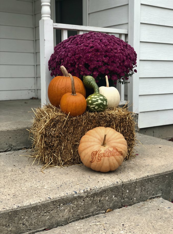 A porch display of straw bales, purple mums, and gourds with a pumpkin engraved Hartman in front