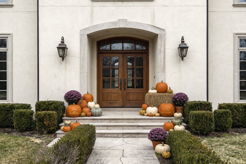 The Harvest on a cream stucco house with an arched entry, banked on the limestone landing either side of the doors with a straw bale under the lantern, three mums and two engraved pumpkins