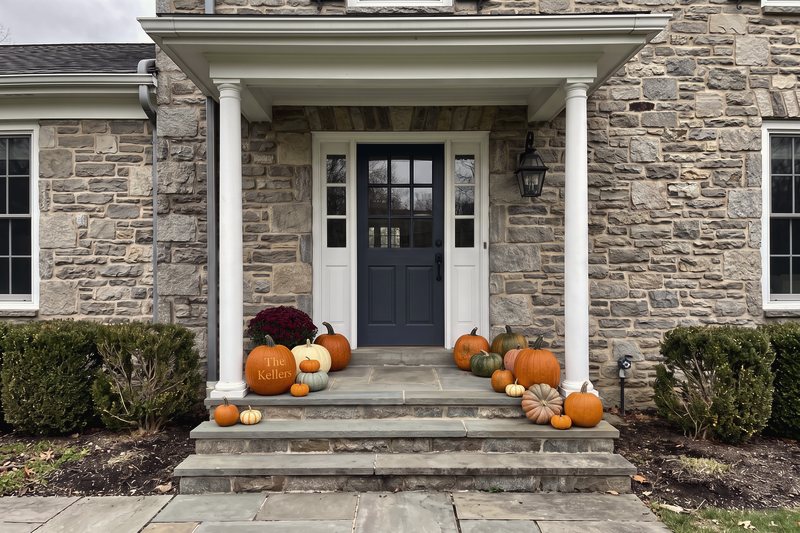 The Signature Porch on a stone colonial with white columns, massed either side of the bluestone steps around a custom engraved pumpkin