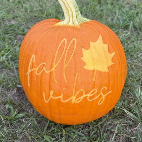 A pumpkin engraved with the fall vibes design